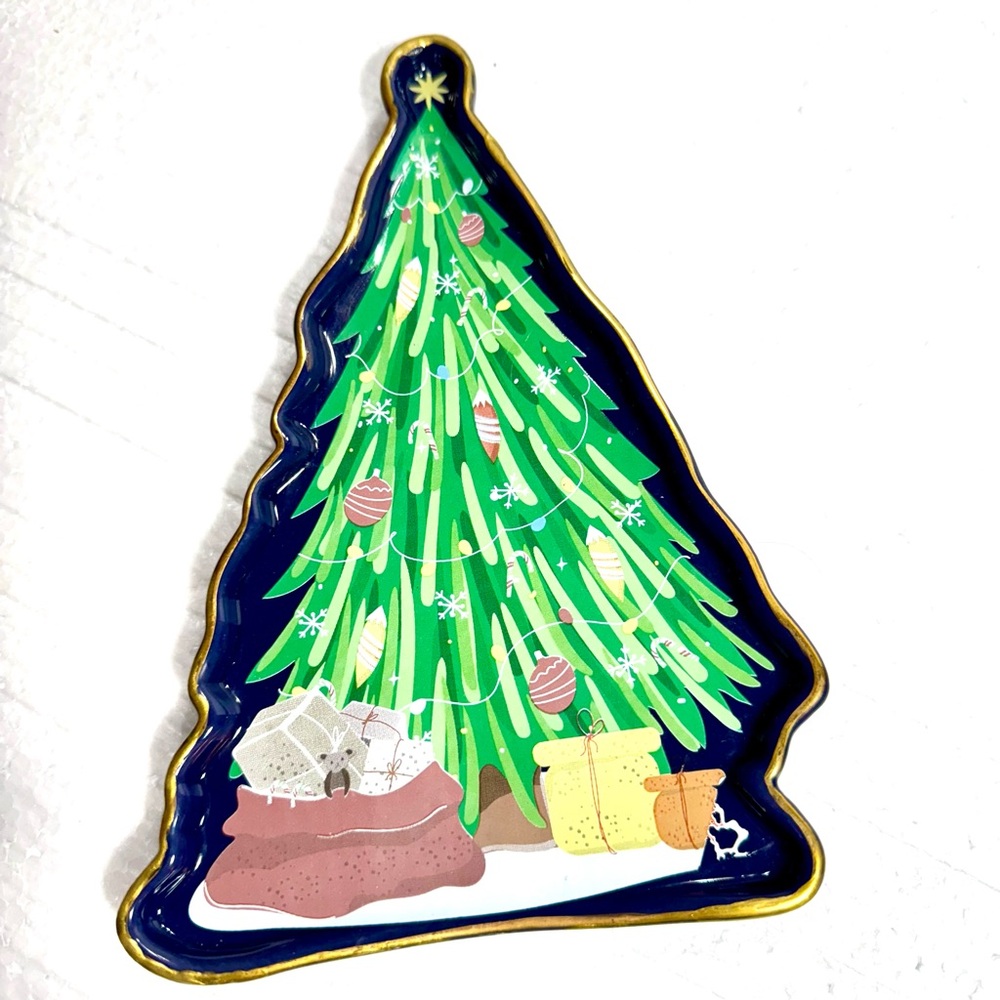 Ceramic Figural Spoon Rest  Festive Christmas Tree Shaped Plate - Green and Gold